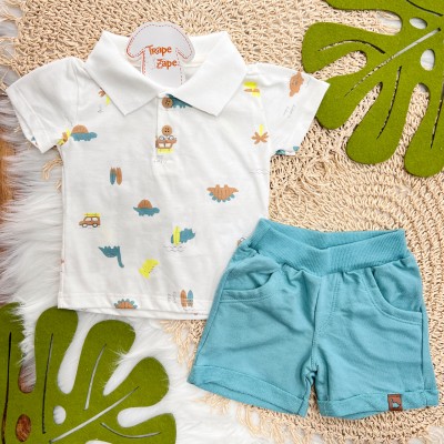 Conj. Camiseta Gola Polo Dinos e Bermuda - Off White e Verde Turquesa